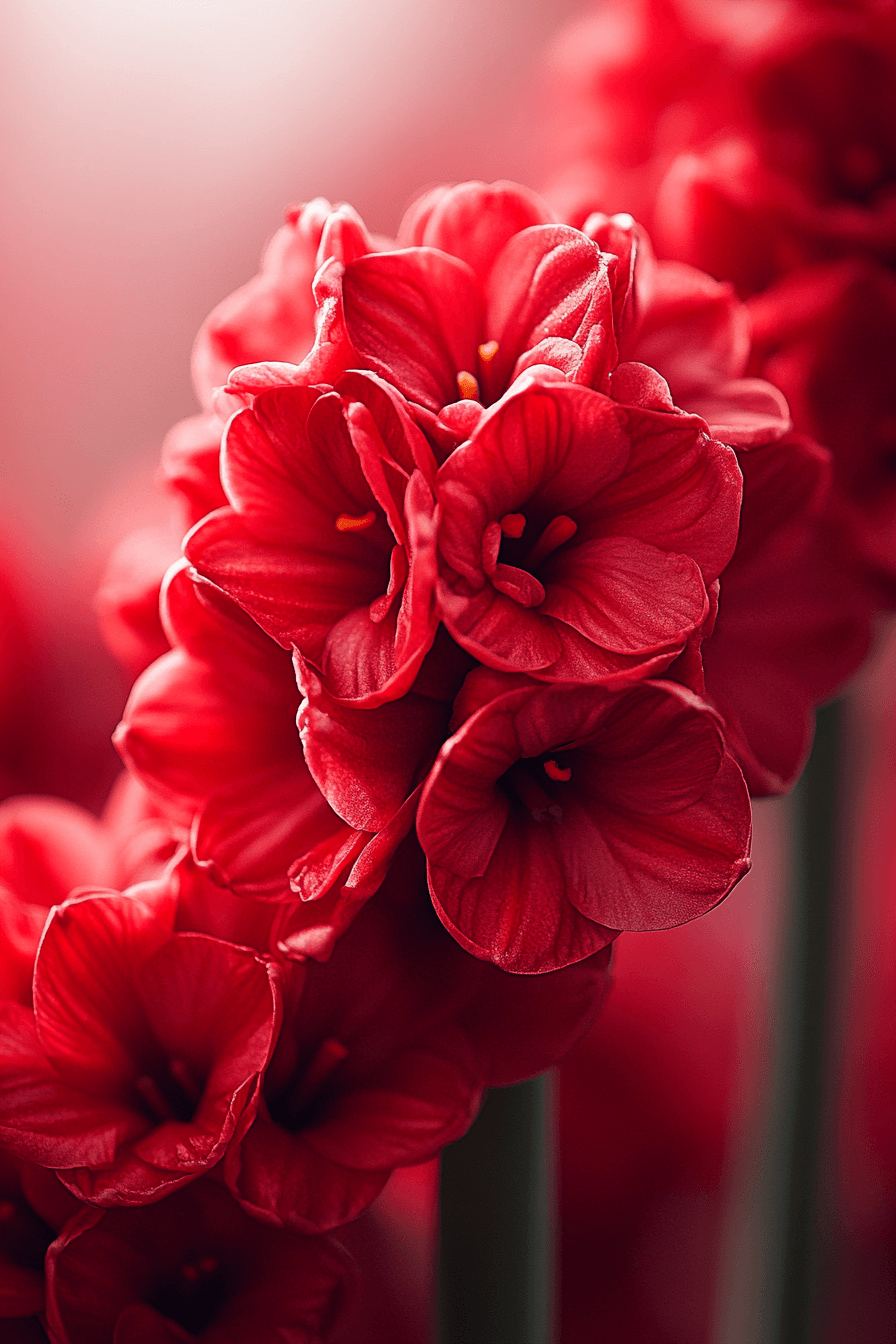 Crimson double Hollyhock hyacinth with velvet-textured petals, layered like a secret unfolding.