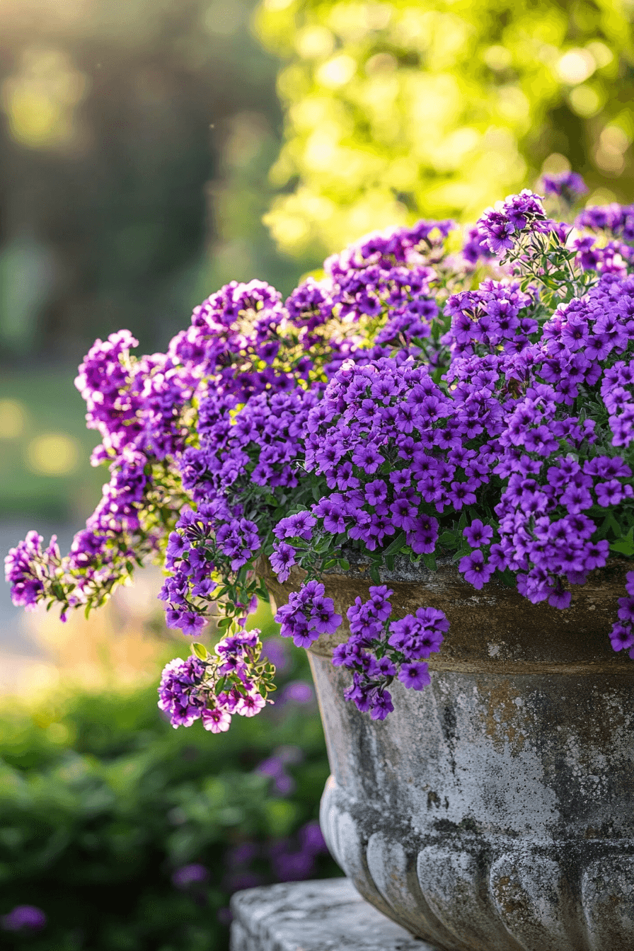 Trailing Homestead Purple Verbena cascading over a rustic stone edge, vibrant and full under golden sunlight