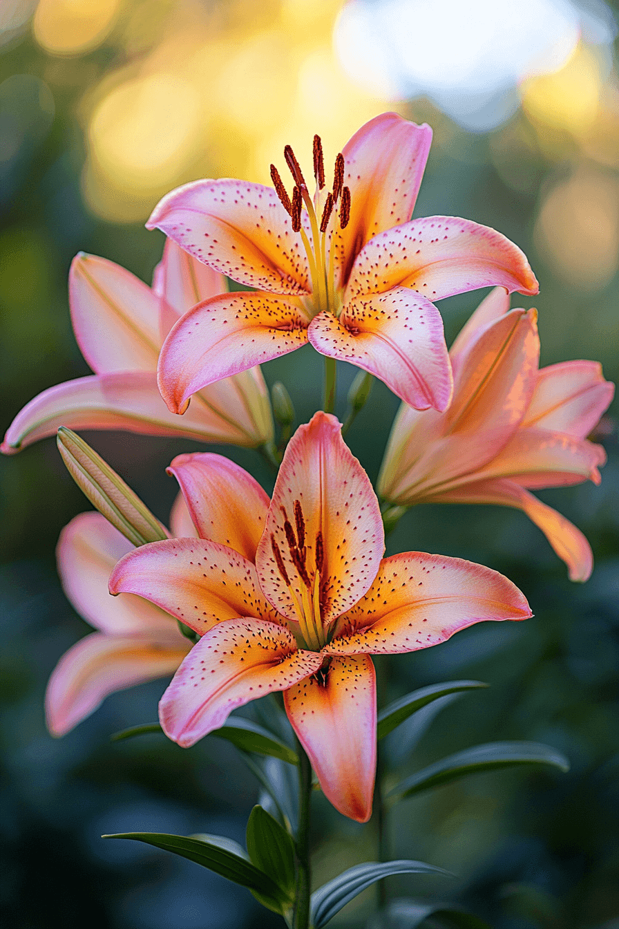 Orienpet lilies showing rich pink and golden tones, blending the strength of trumpet lilies and softness of Oriental lilies.