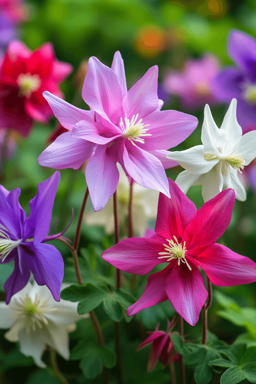 Colorful hybrid Columbine flowers displaying a harmonious blend of pink, purple, white, and red petals, photographed in vivid natural light with lush garden greenery.