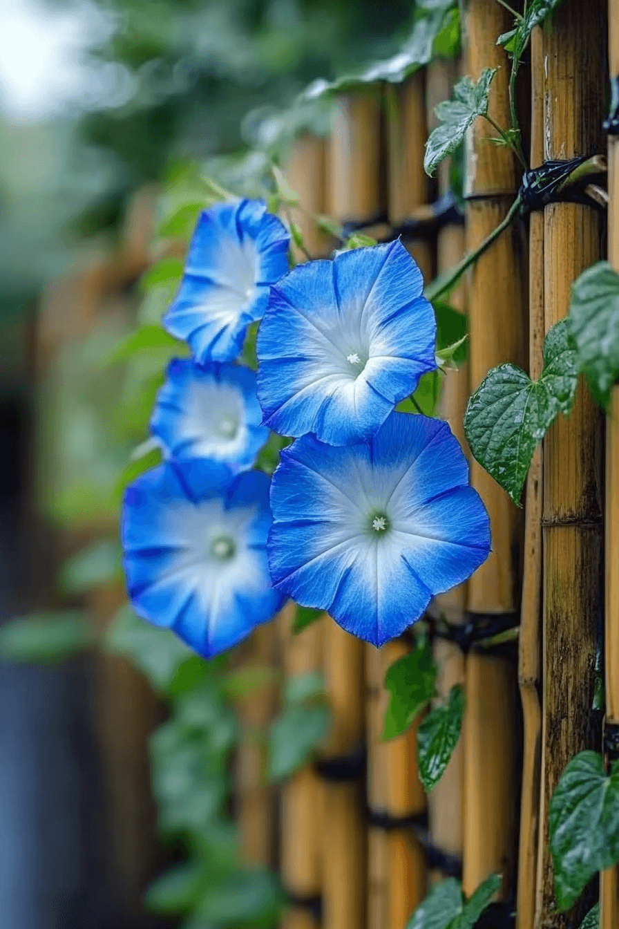 Japanese Asagao (Shibori variety) morning glory with indigo and white brushstroke-patterned petals, climbing a bamboo trellis in early morning mist.