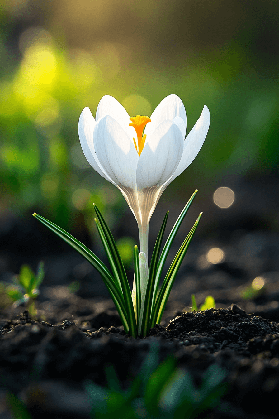 A close-up of pure white Crocus vernus ‘Jeanne d’Arc’ blooming in early spring soil, symbolizing quiet strength and renewal.