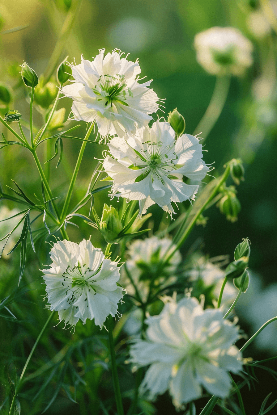 Miss Jekyll Love-in-a-Mist flowers in pristine white with delicate filigree foliage under natural sunlight