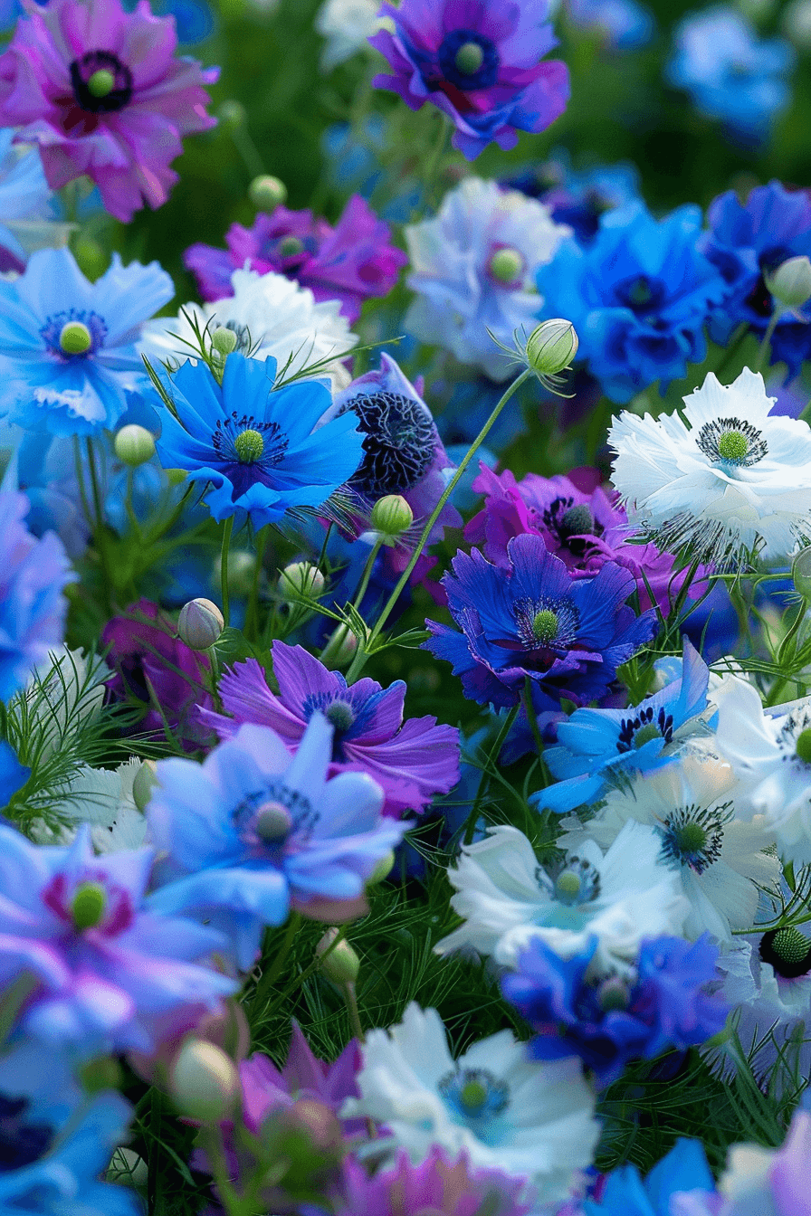 Persian Jewels Mix Love-in-a-Mist flowers in vibrant blue, purple, and white, showcasing a colorful garden patch