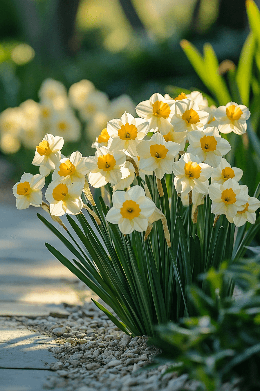 Sweet-scented jonquilla daffodils like 'Baby Moon' with multiple petite yellow blooms on a single stem, glowing under afternoon sun