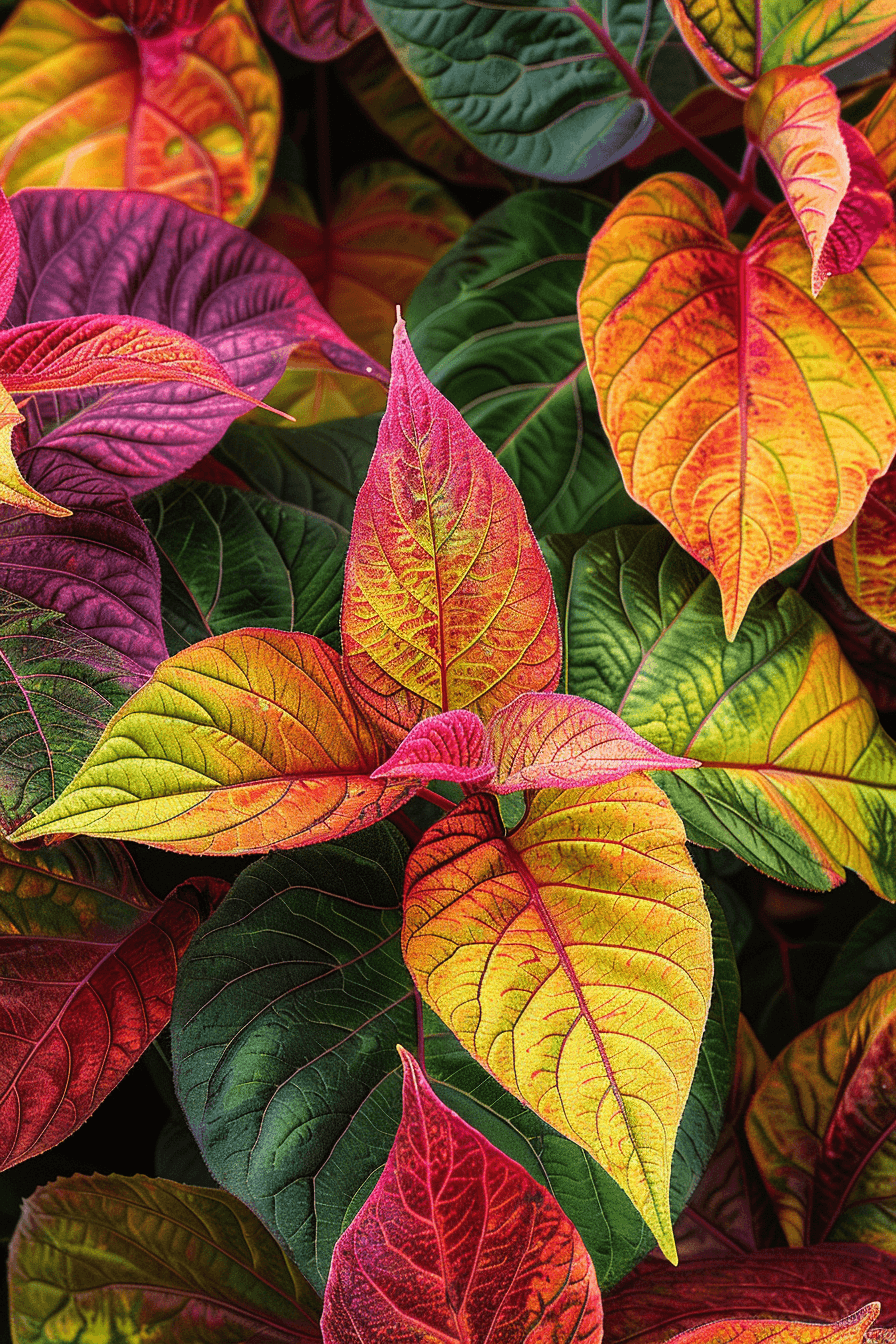 Close-up of Joseph’s Coat Amaranthus leaves displaying vibrant red, yellow, and green colors with detailed texture in outdoor natural light.
