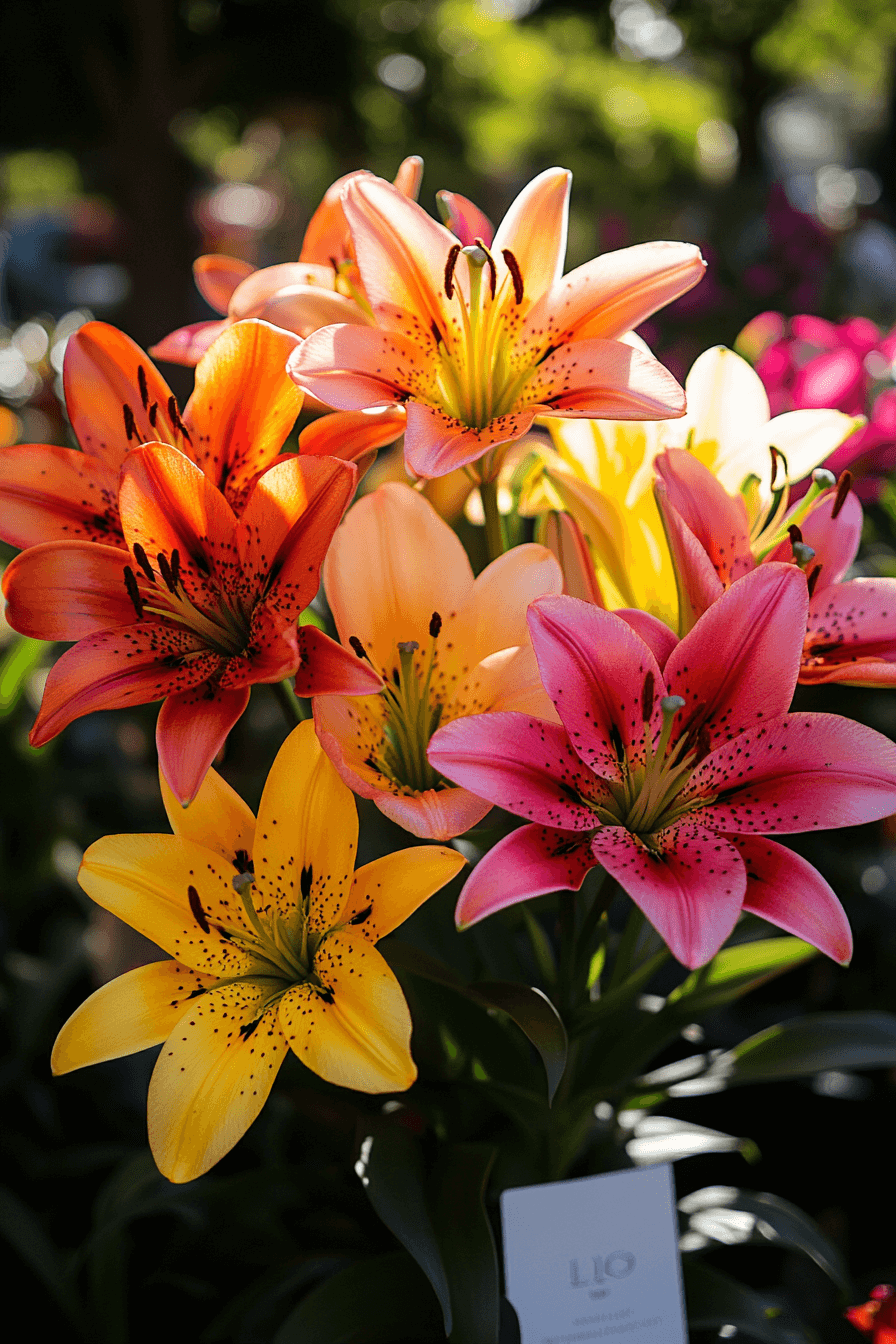 Bold and colorful LA/LO hybrid lilies in vivid red and orange tones, thriving in a modern garden.