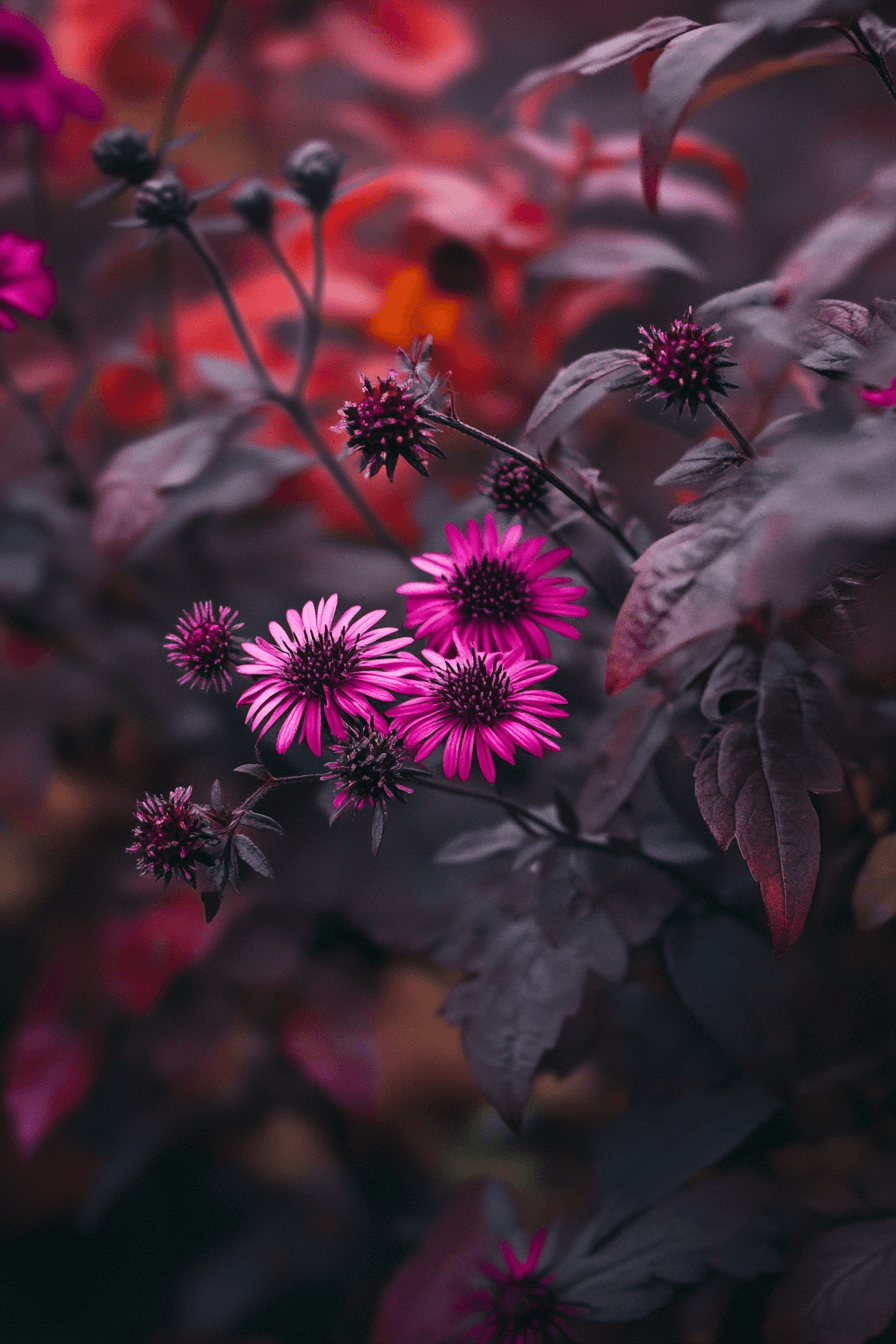 A Lady in Black Aster with dark burgundy foliage and small purplish blooms, creating a bold, high-contrast appearance in the fall garden.