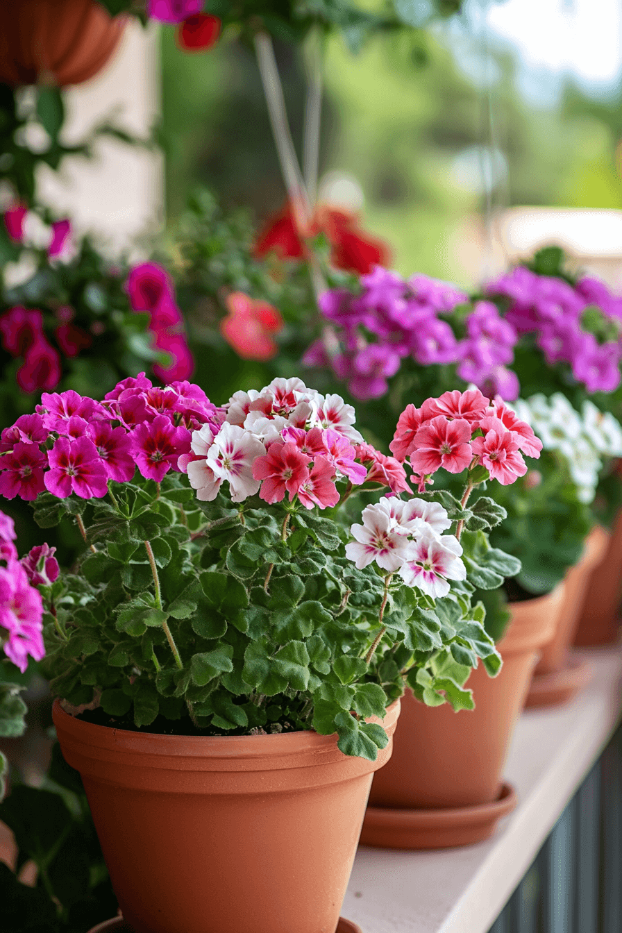 Compact Lanai Verbena blooming in cheerful shades of pink and red in terracotta pots on a sunny patio