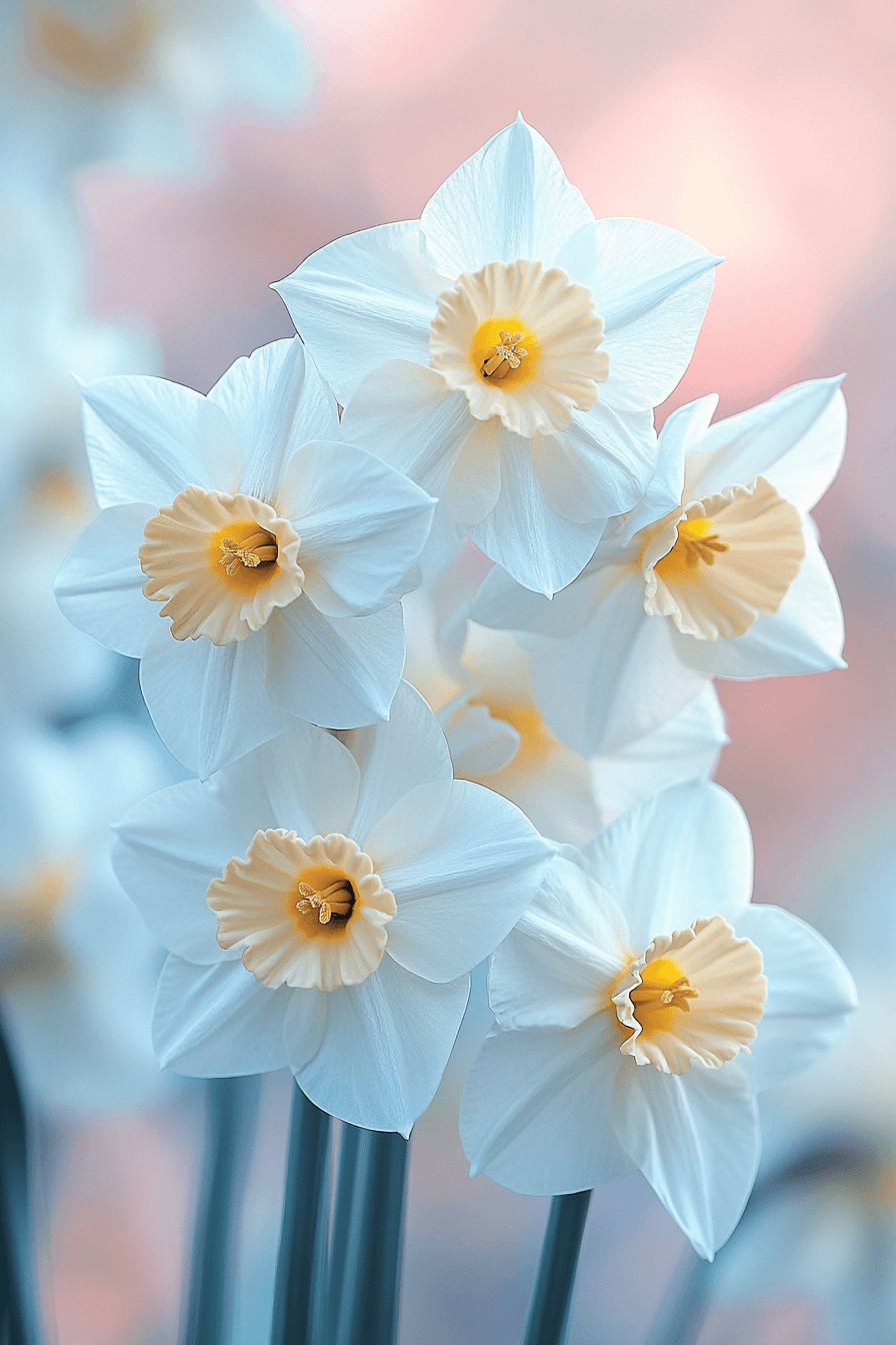 Soft-toned large-cupped daffodils like 'Salome' blooming in a sunlit garden, with pastel petals and wide cups glowing in gentle light