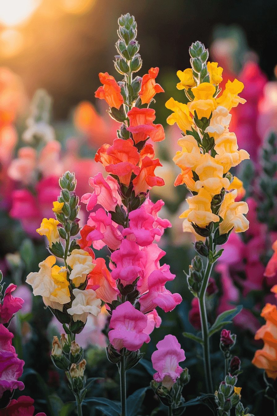 Large and lush snapdragon blooms from the Liberty Series, showing vibrant reds, yellows, and pinks in a natural wild garden setting under warm sunlight.