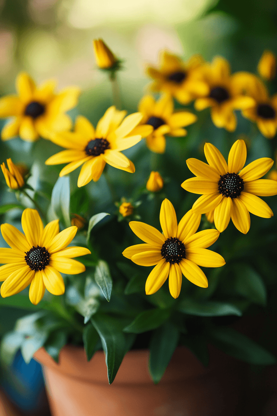 Small, compact Rudbeckia fulgida ‘Little Goldstar’ flowers with yellow petals and dark centers, growing healthily in a terracotta pot in a sunlit balcony garden.