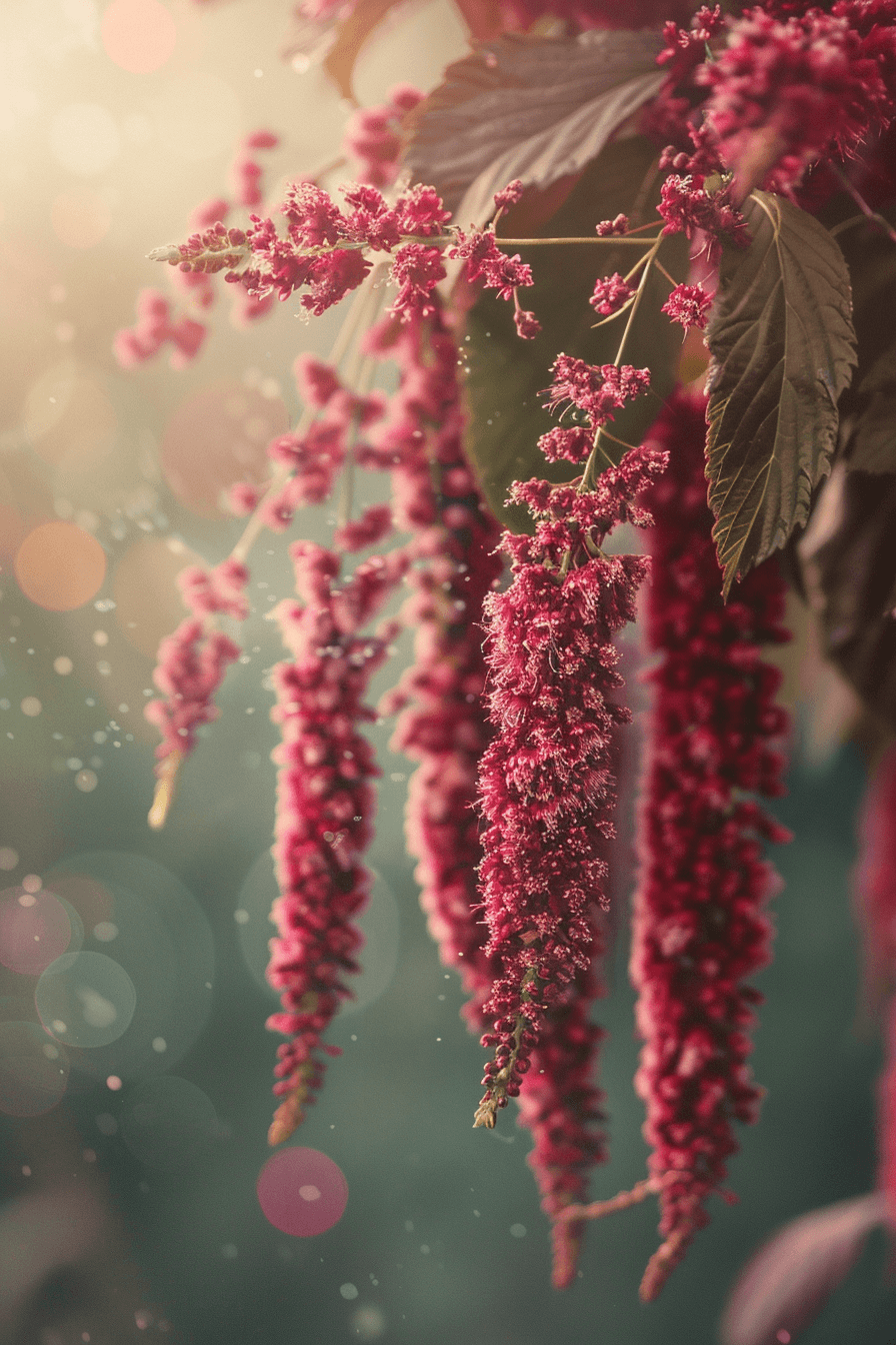Close-up of Love-lies-bleeding Amaranthus with long, flowing deep red tassels gracefully cascading in natural sunlight.