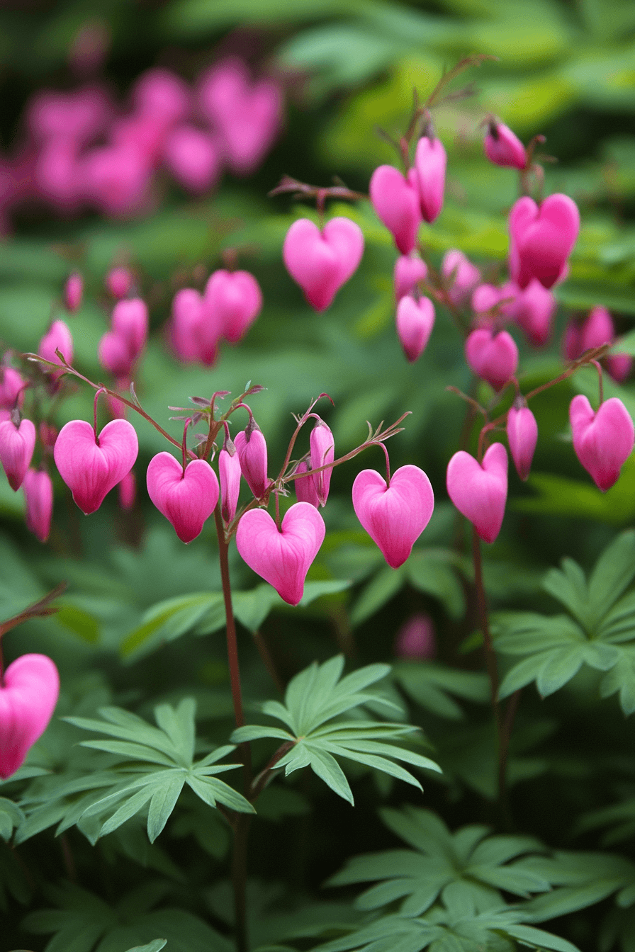 Compact Bleeding Heart with deep pink heart-shaped flowers and finely-cut fern-like foliage, thriving in a shady woodland garden.