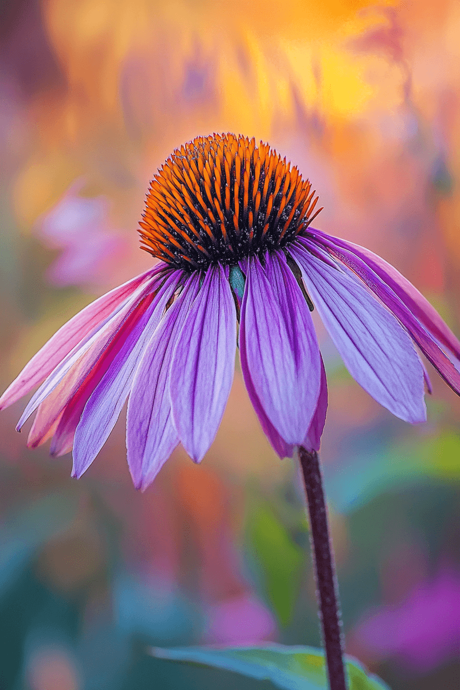 A blooming ‘Magnus’ coneflower with deep purple petals and a copper cone, standing tall in soft golden sunlight — a symbol of quiet strength and feminine resilience