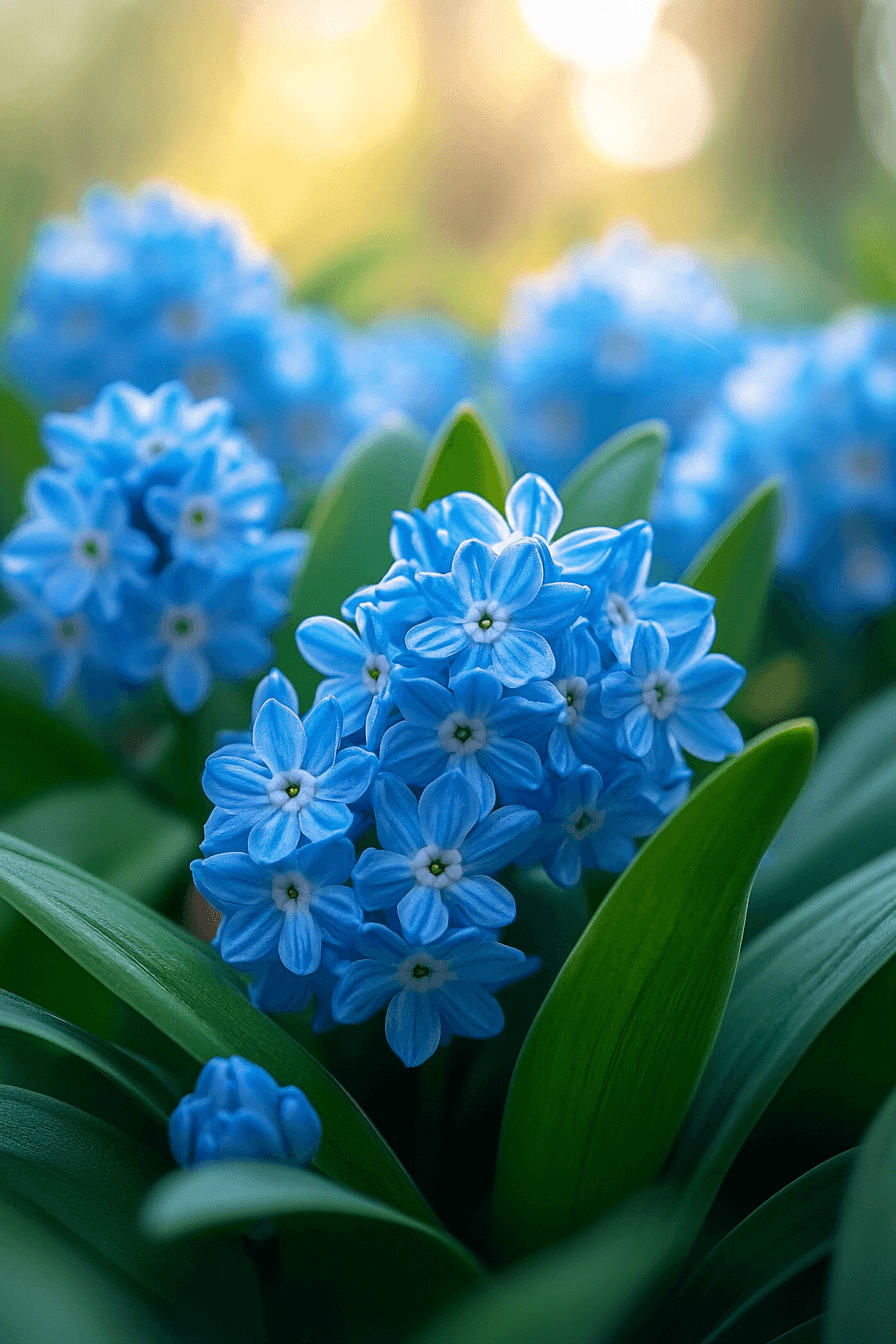 Miniature Marie hyacinth with dreamy blue flowers, captured in delicate natural light.