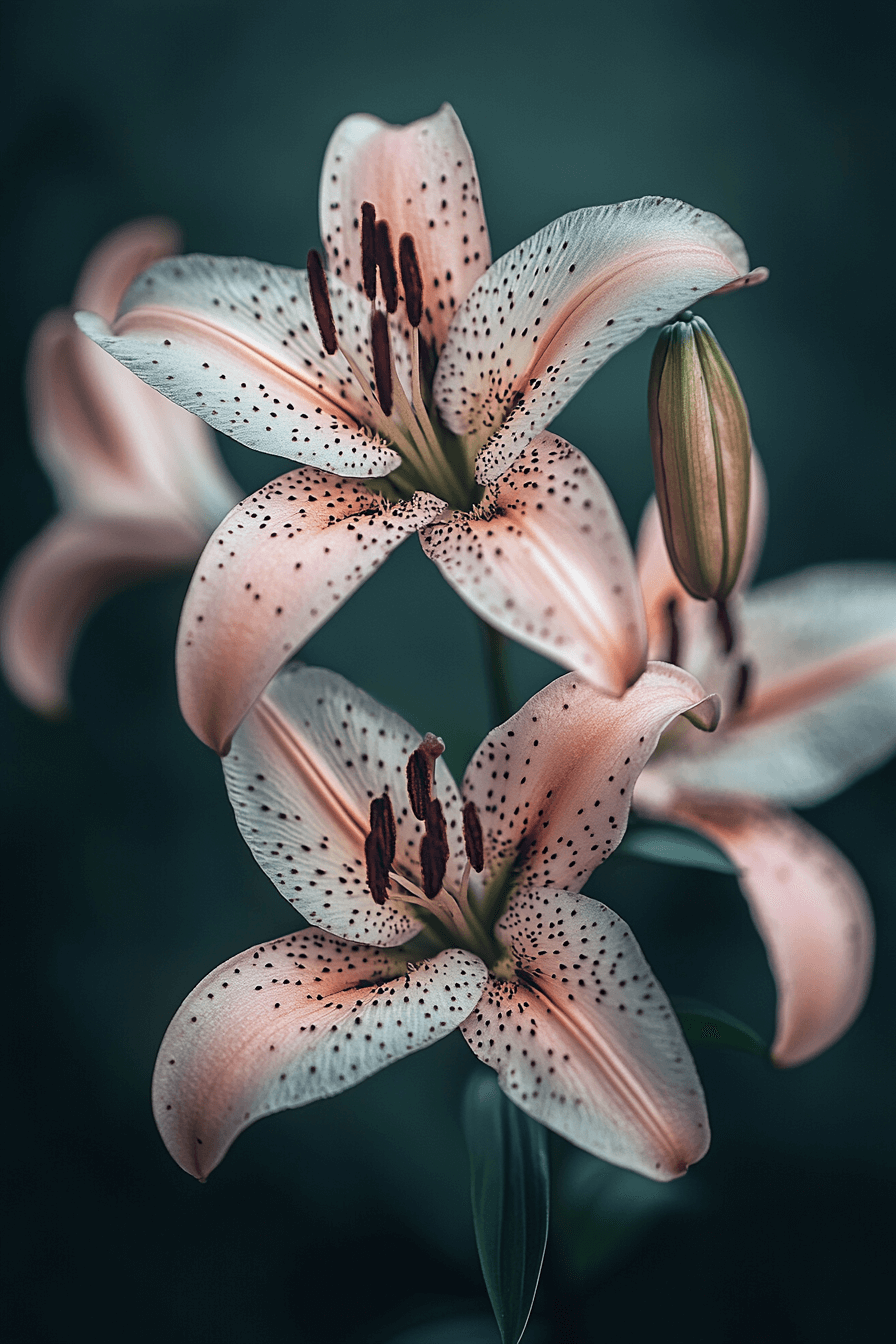 Delicate Martagon lilies with recurved pink petals and dark freckles, nestled in a shaded woodland setting.