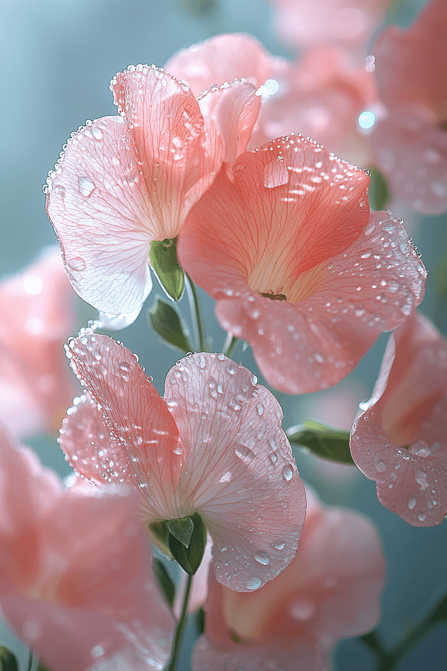 Close-up of Matucana Sweet Pea flowers with large, soft petals in blush pink, creamy white, and gentle red shades, illuminated by natural sunlight, showcasing delicate textures and tender beauty.