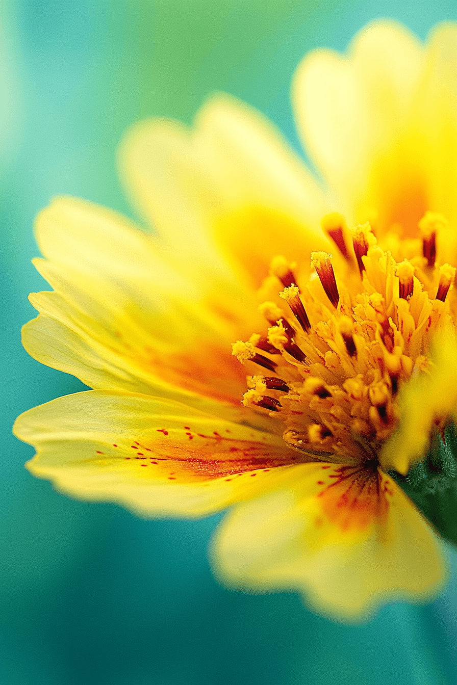 A detailed close-up of Gaillardia ‘Mesa Yellow’ flower featuring soft yellow petals with delicate red freckles, bathed in gentle natural light with a blurred green background