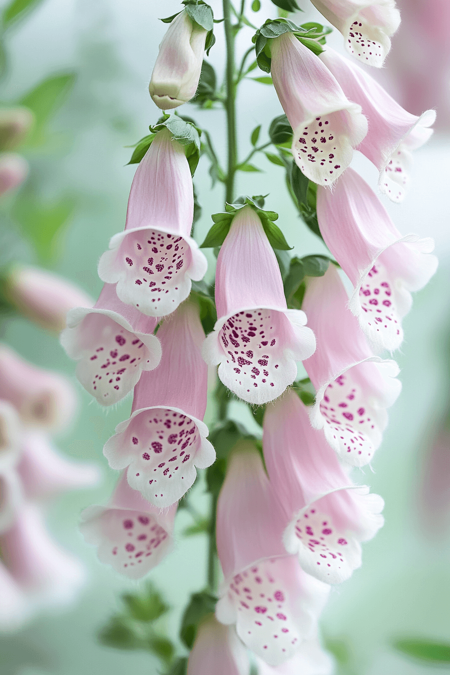 Soft blush pink Merton foxglove flowers (Digitalis × mertonensis) with delicate speckles, blooming on tall stems surrounded by green leaves in gentle morning light