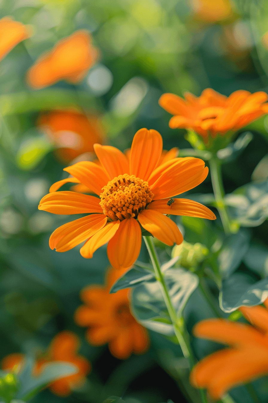Vivid orange Mexican Sunflower (Tithonia rotundifolia) in full bloom under soft sunlight