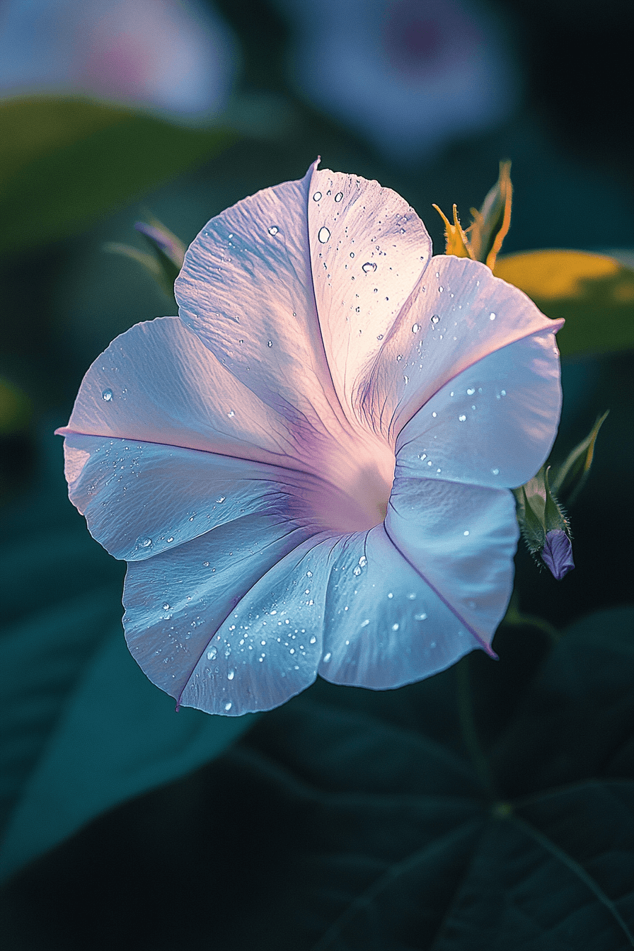 Milky Way morning glory with delicate white petals touched by subtle lavender veins, glowing gently in a minimalist garden scene.