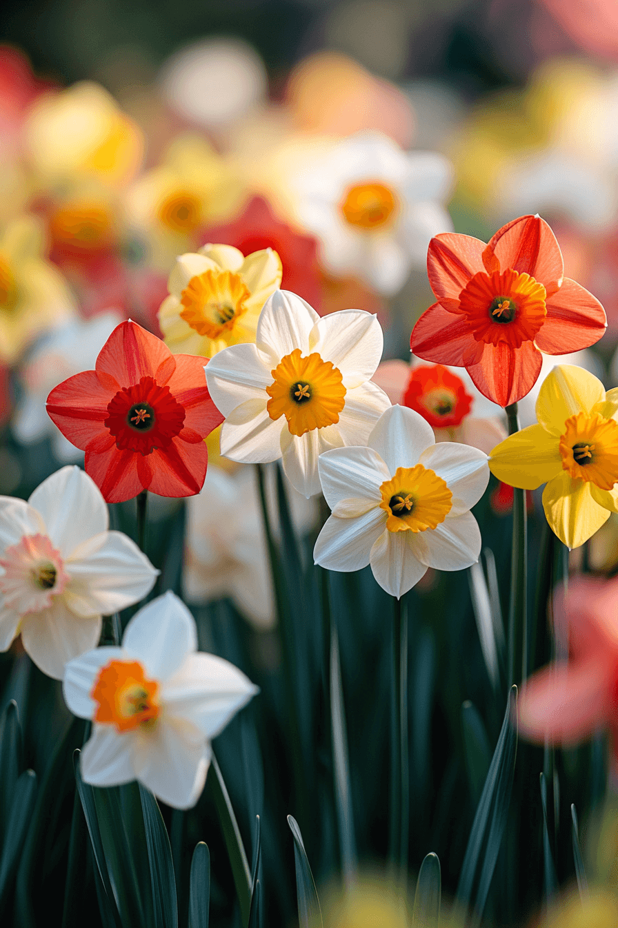 Hybrid daffodils with unusual forms and vibrant color patterns, blooming in an experimental spring garden bed with green foliage