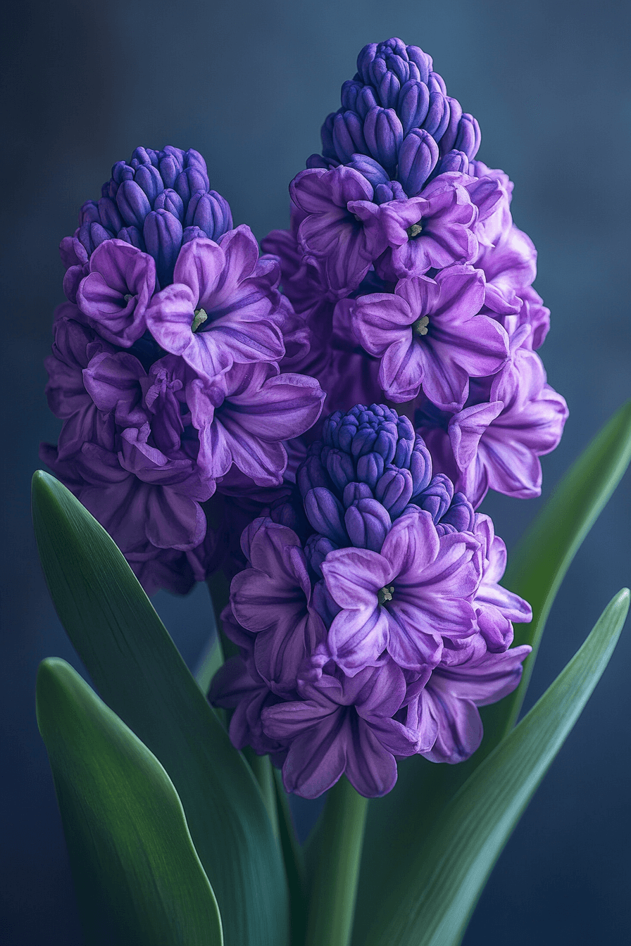 Plum-toned Miss Saigon hyacinth in full double bloom, elegant and introspective in natural light.