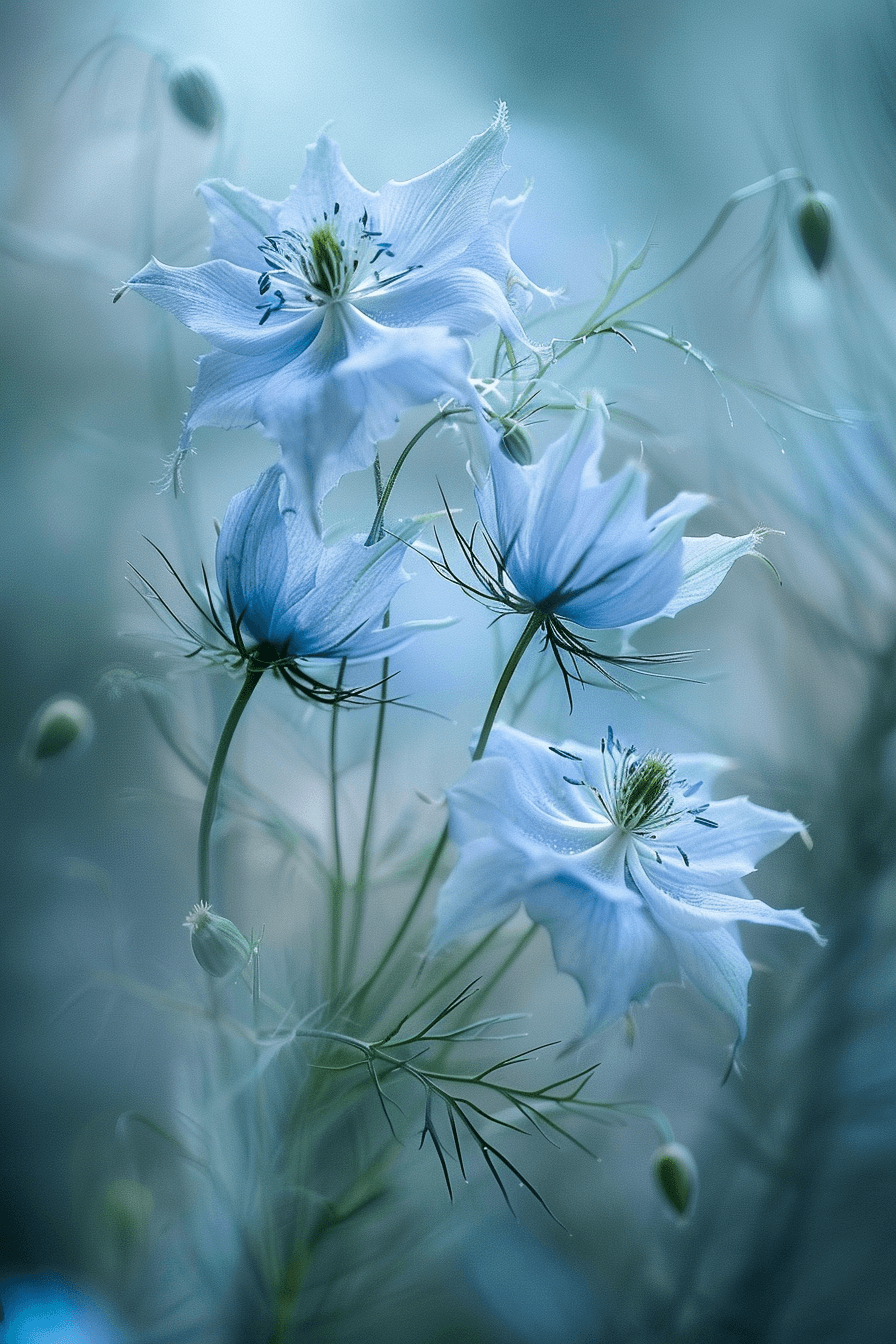 Miss Mouse Love-in-a-Mist flowers with soft blue petals, surrounded by feathery green foliage in gentle morning light