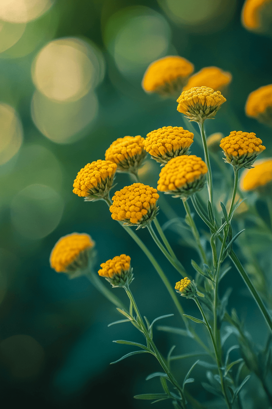 Golden yellow Achillea ‘Moonshine’ Yarrow flowers with silvery-green foliage softly illuminated by gentle sunlight.