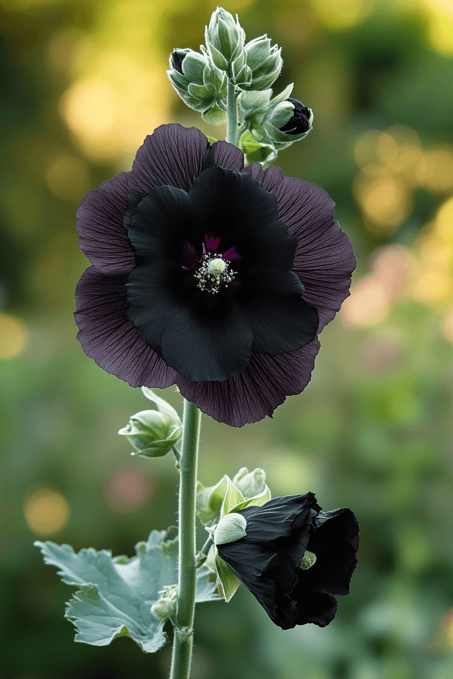 Nigra hollyhock flower featuring rare pure black velvety petals against blurred green background