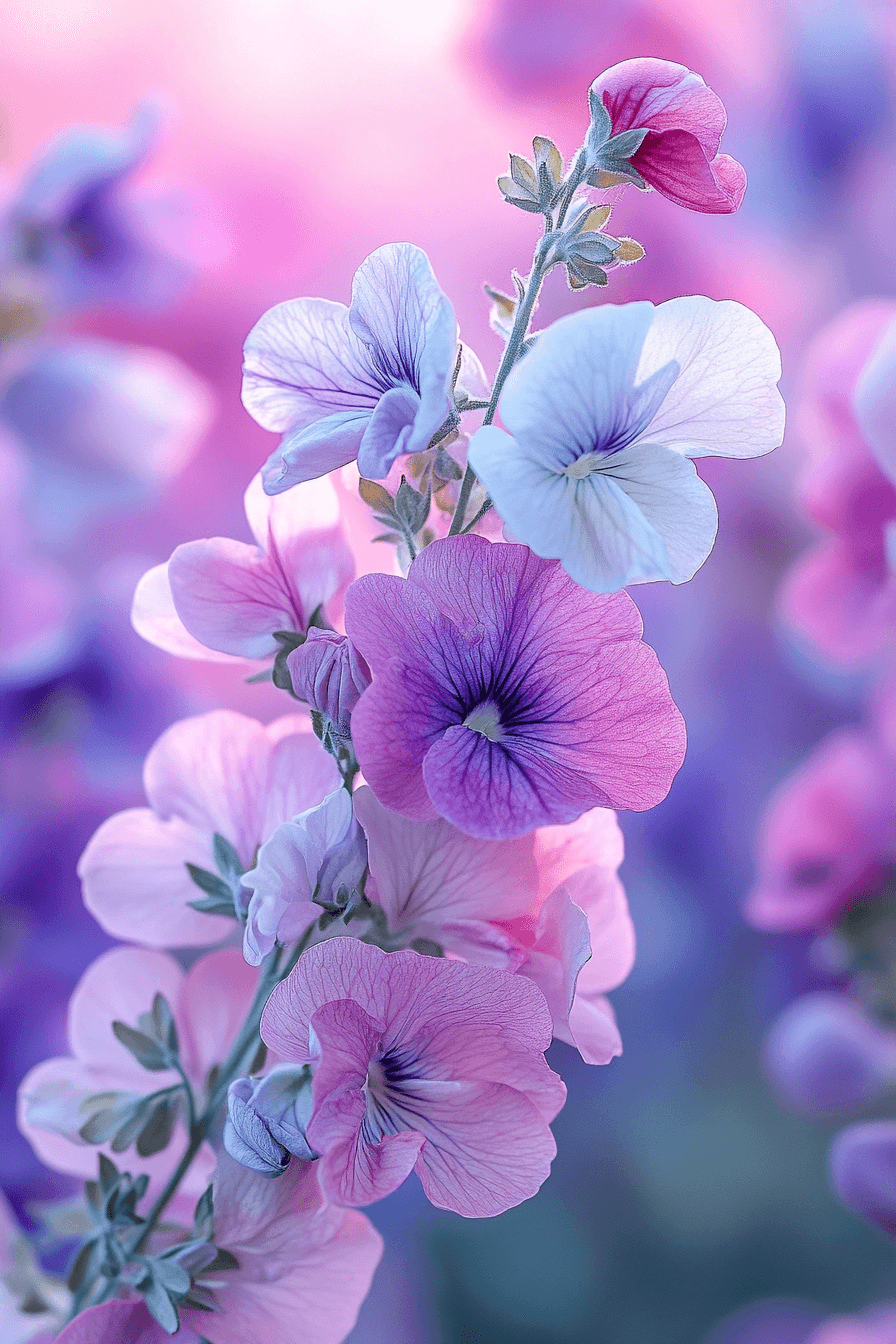 Cluster of small frost-hardy Old Spice Mix Sweet Pea blossoms in shades of purple, pink, and white, with fine petal details and soft morning light highlighting their fragile elegance.