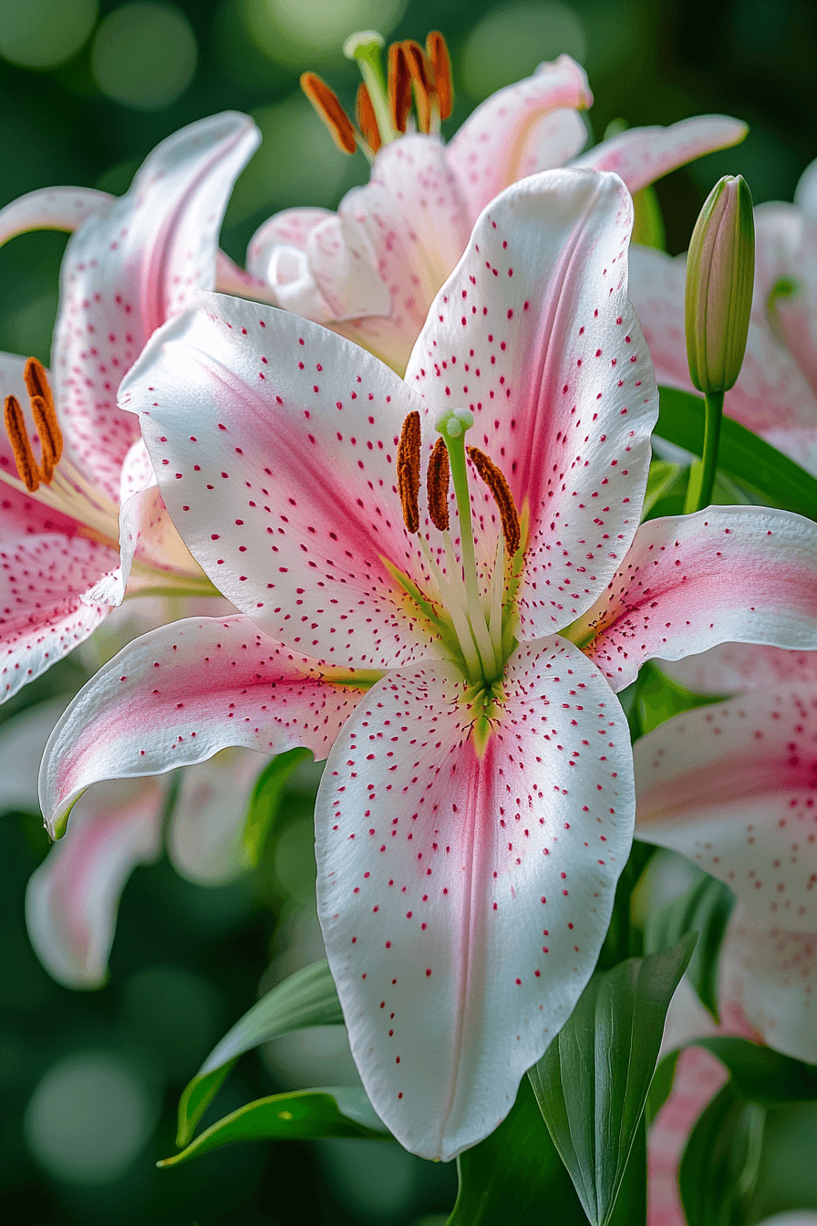 Close-up of fragrant pink and white Oriental lilies with speckled petals, glowing in soft natural light.