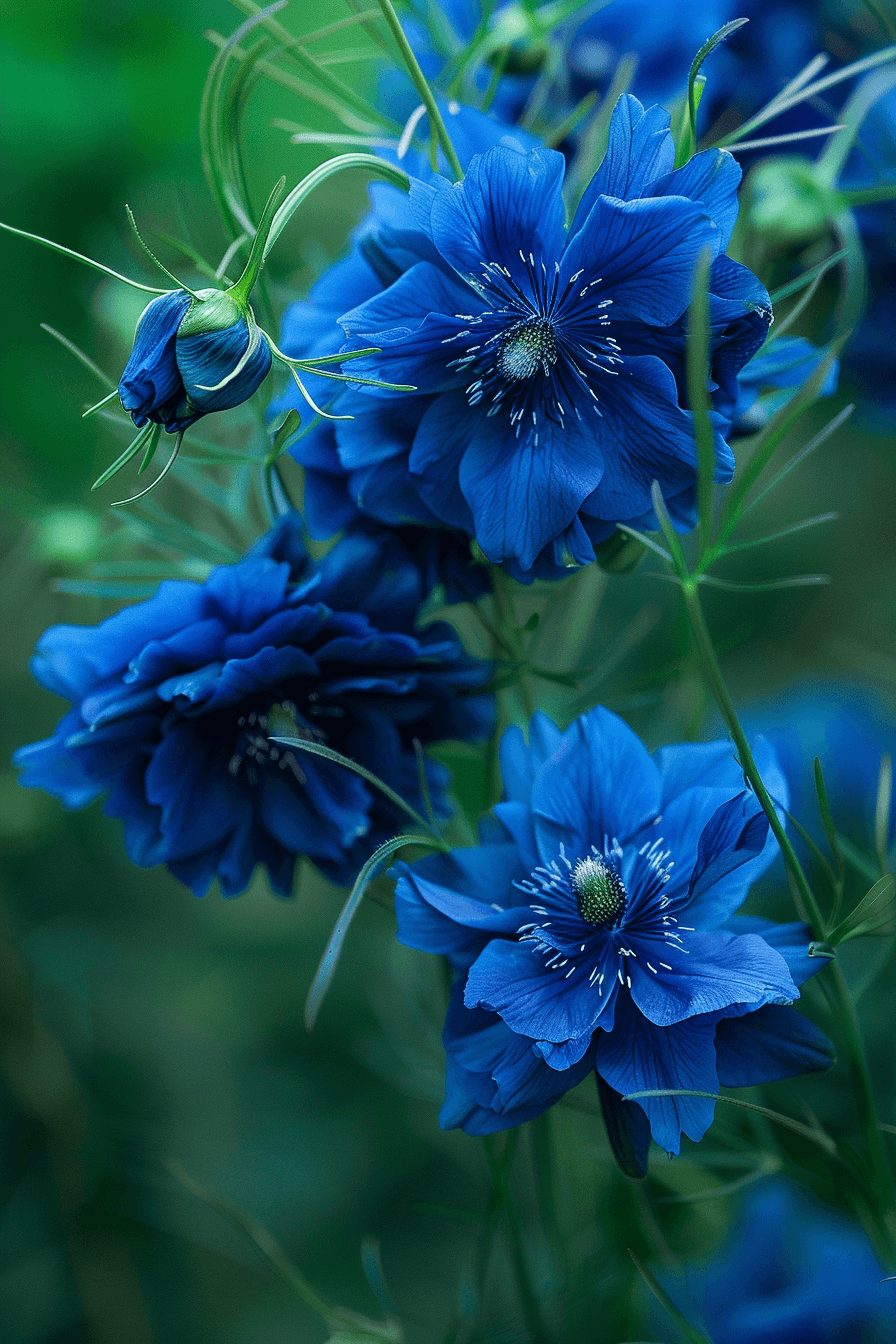 Oxford Blue Love-in-a-Mist flowers showing deep blue petals contrasted with green foliage, glowing in sunlight