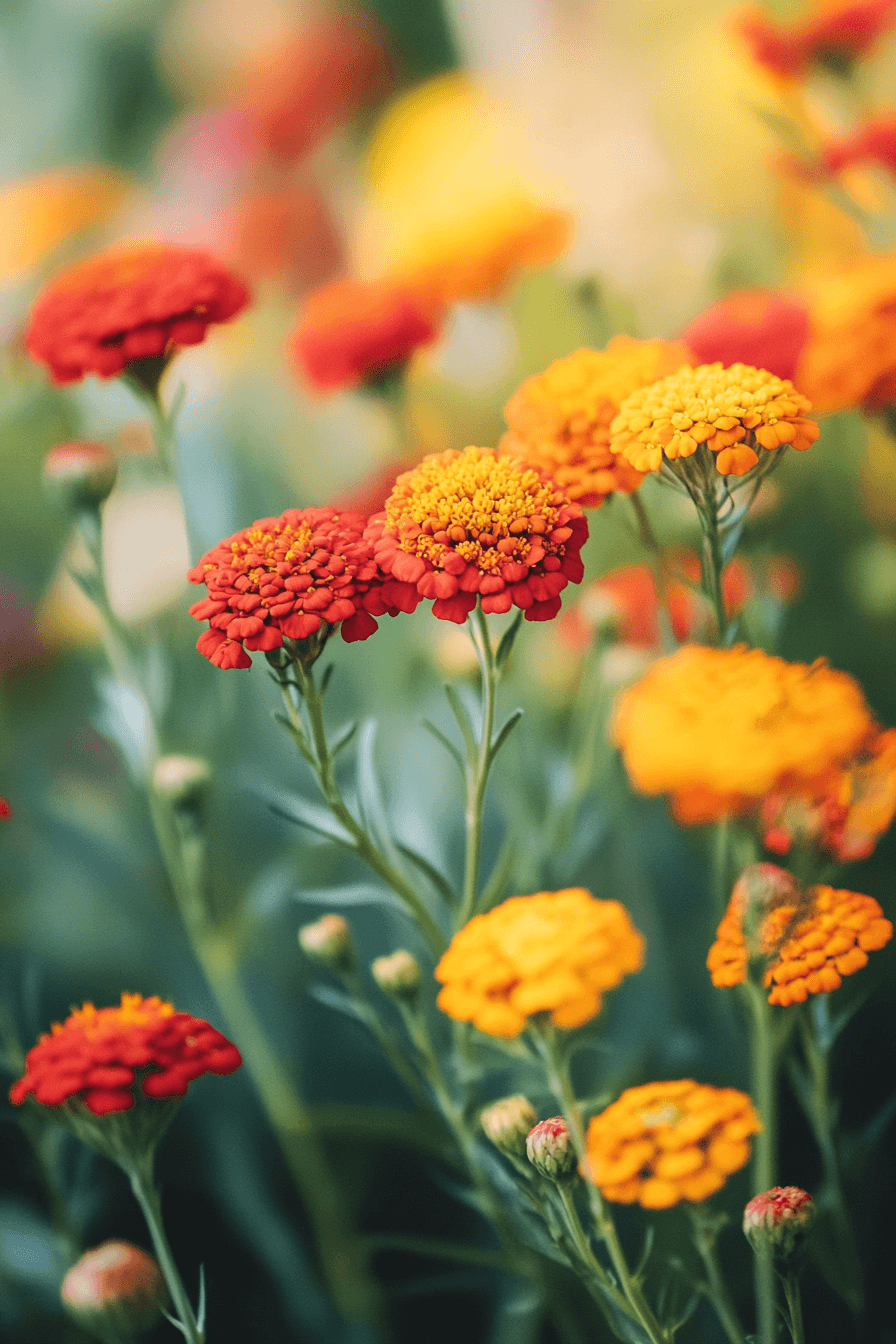 Bright red and orange Achillea ‘Paprika’ Yarrow flowers blooming vibrantly against a green garden background.