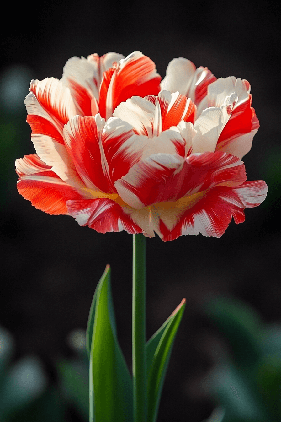 Ruffled and flamboyant Parrot tulip with red and white streaks, captured in dramatic light — wild and poetic.