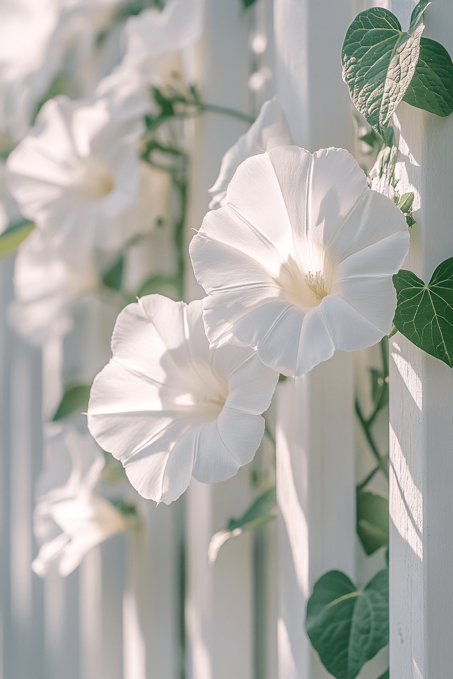 Pearly Gates morning glory featuring pure white petals, blooming softly along a white fence in peaceful, symbolic garden light.