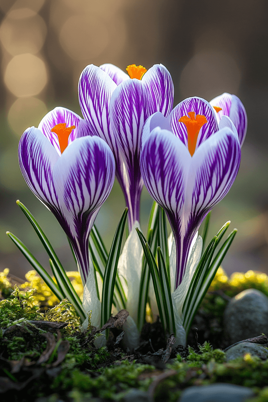 Violet and white striped petals of Crocus ‘Pickwick’ unfolding in a soft spring garden, like ink on nature’s parchment.