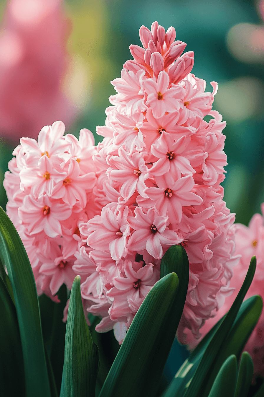 Pink Pearl hyacinth blossoms with delicate blush petals, radiant and softly fragrant, photographed up close.