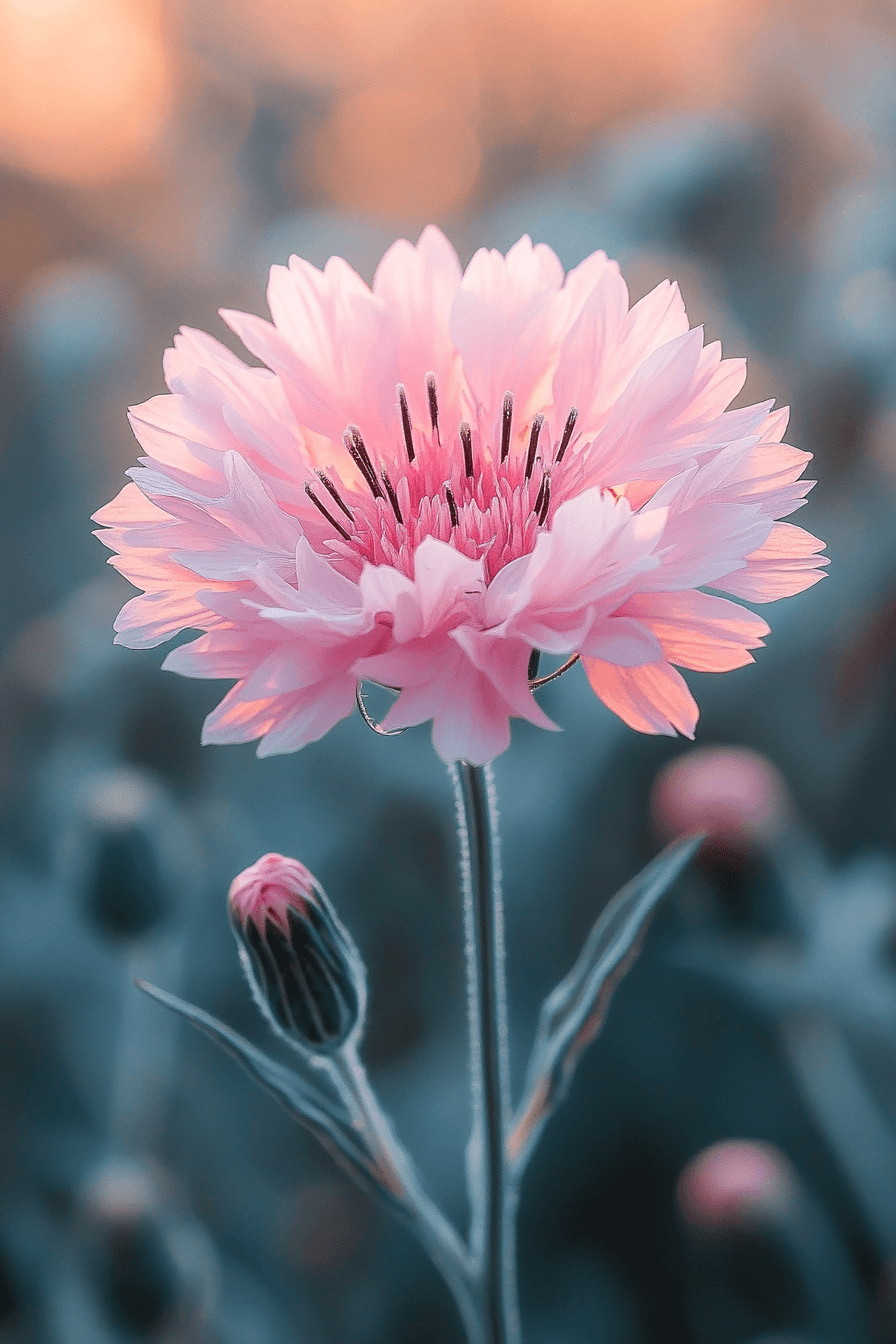 Blush-pink Pinkie cornflower blooming gently in golden sunlight, symbolizing soft strength and romantic resilience.