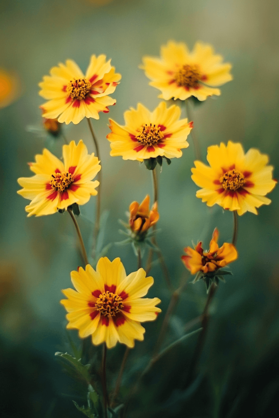 Wild Coreopsis tinctoria flowers with yellow petals edged in red spots, blooming freely in a meadow with soft-focus natural background.
