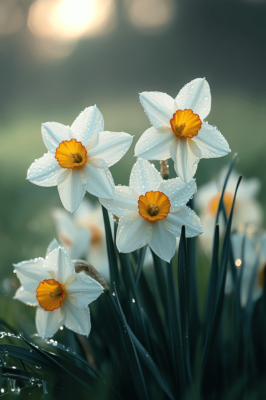 Elegant poeticus daffodils like 'Actaea' with flat white petals and small red-edged cup, blooming late in a misty spring meadow