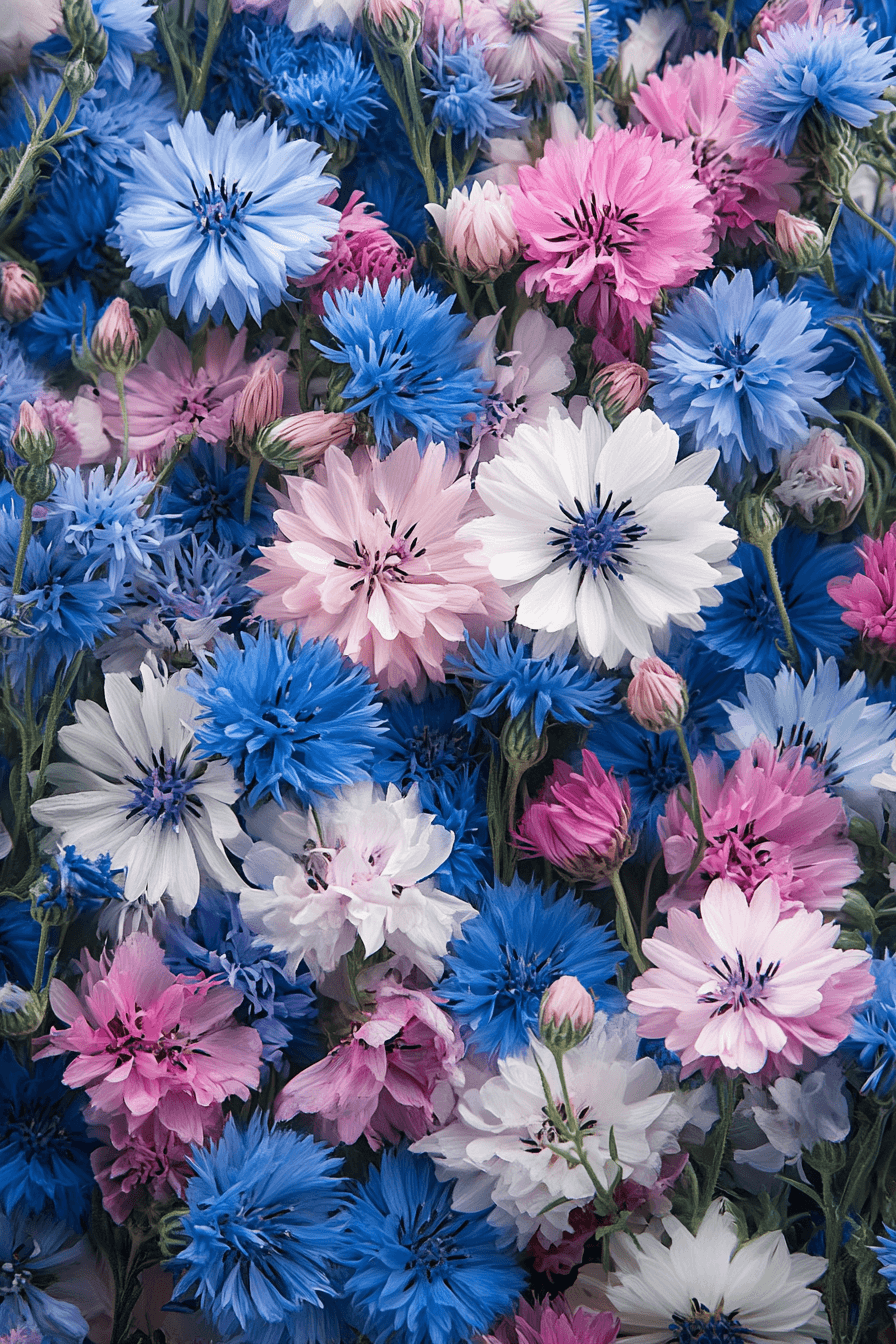 A joyful field of Polka Dot Mix cornflowers in pink, blue, cream, and lilac — a wild and colorful celebration of diversity.