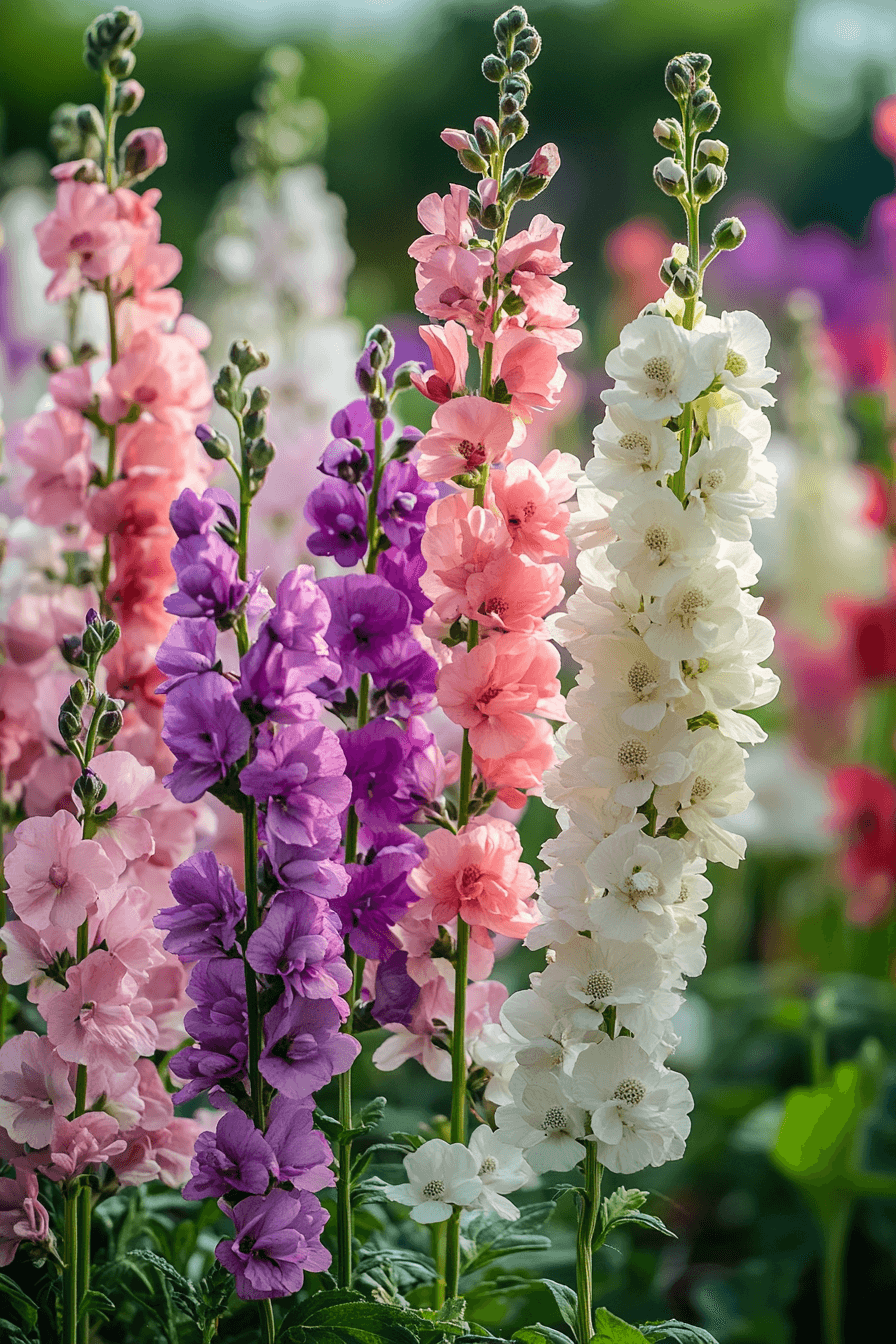Resilient snapdragon flowers of the Potomac Series thriving in a mixed garden environment, with sturdy stems and long-lasting pink, white, and purple blooms.