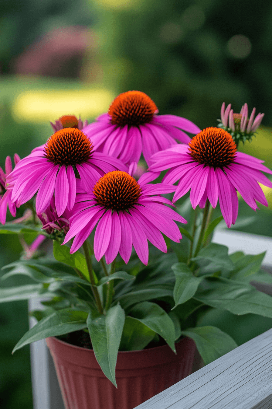 A vibrant ‘PowWow Wild Berry’ Echinacea with rich berry-pink petals, blooming brightly in a small garden pot — compact, joyful, and bold in spirit