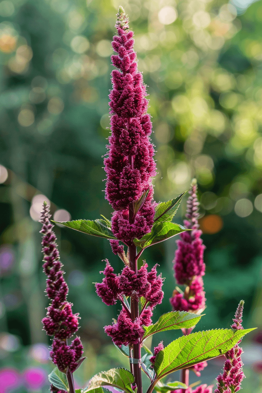Tall Prince’s Feather Amaranthus plant showing deep crimson and green feathery spikes, standing upright in a sunlit garden.