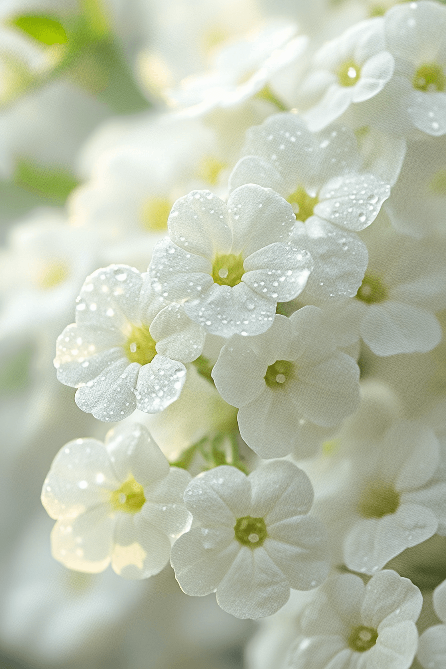 Silky white Alyssum flowers of the Snow Princess variety forming a dense, pure carpet with dewdrops on petals, illuminated by soft natural light.