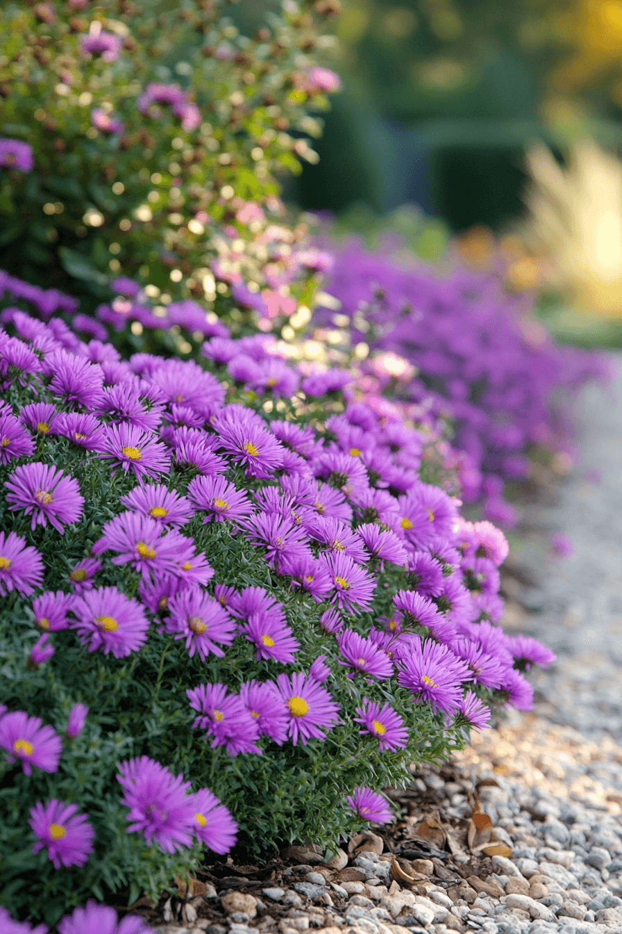 Compact Purple Dome Aster with rich purple flowers forming a dome-shaped bush, blooming along the garden border in late autumn.