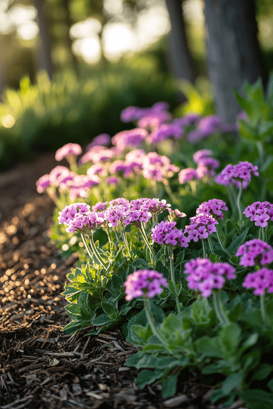 Upright Quartz Series Verbena with sturdy pink and purple blooms, thriving in a tidy, sunlit flower bed