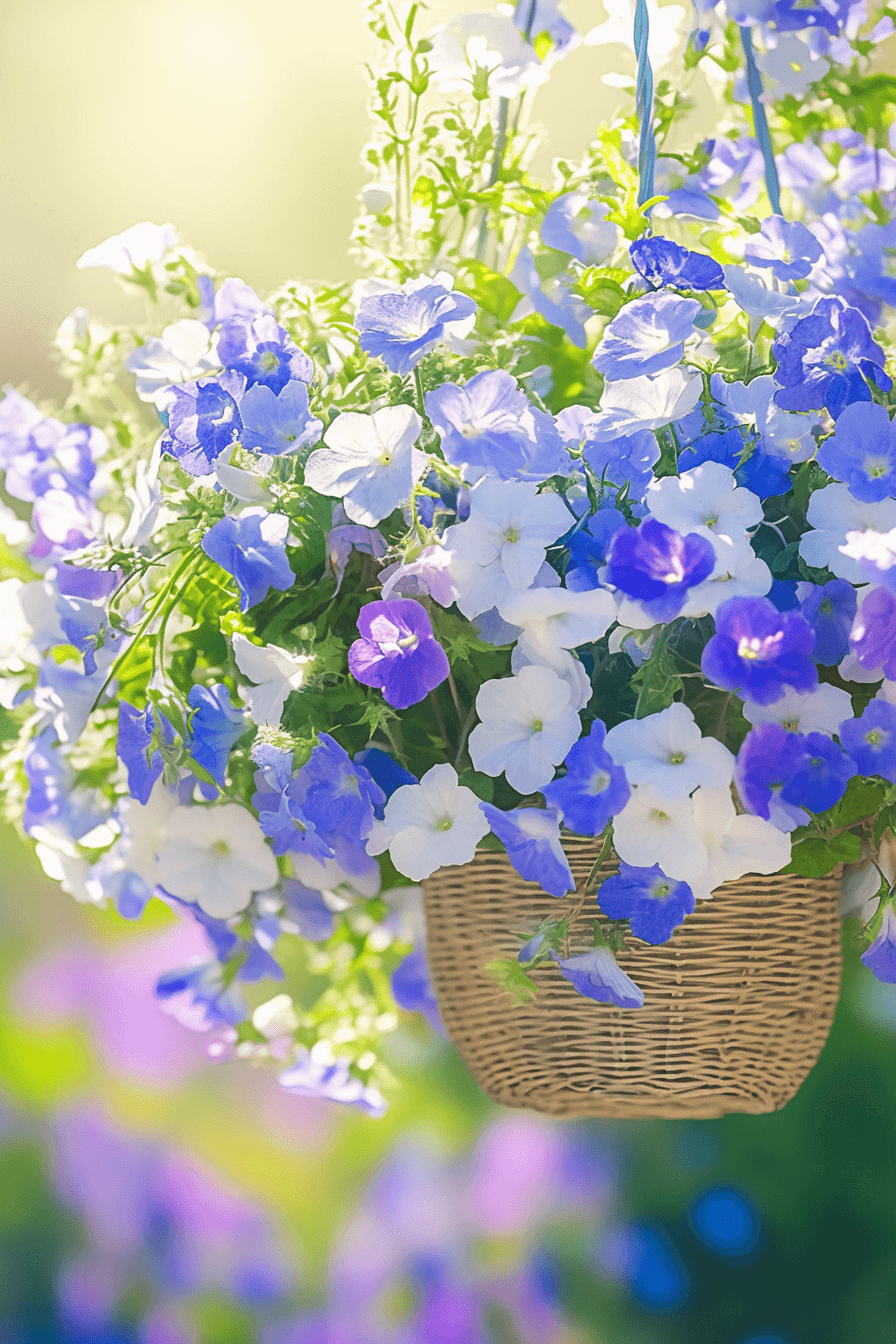 A mix of pastel-hued Lobelia from the Regatta Series blooming early in the season, gracefully trailing from a rustic wooden planter.